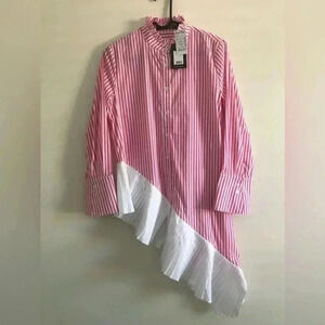 Gabby Isabella Pink & White Stripe Asymmetrical Pleat Hem Blouse - Size Small
